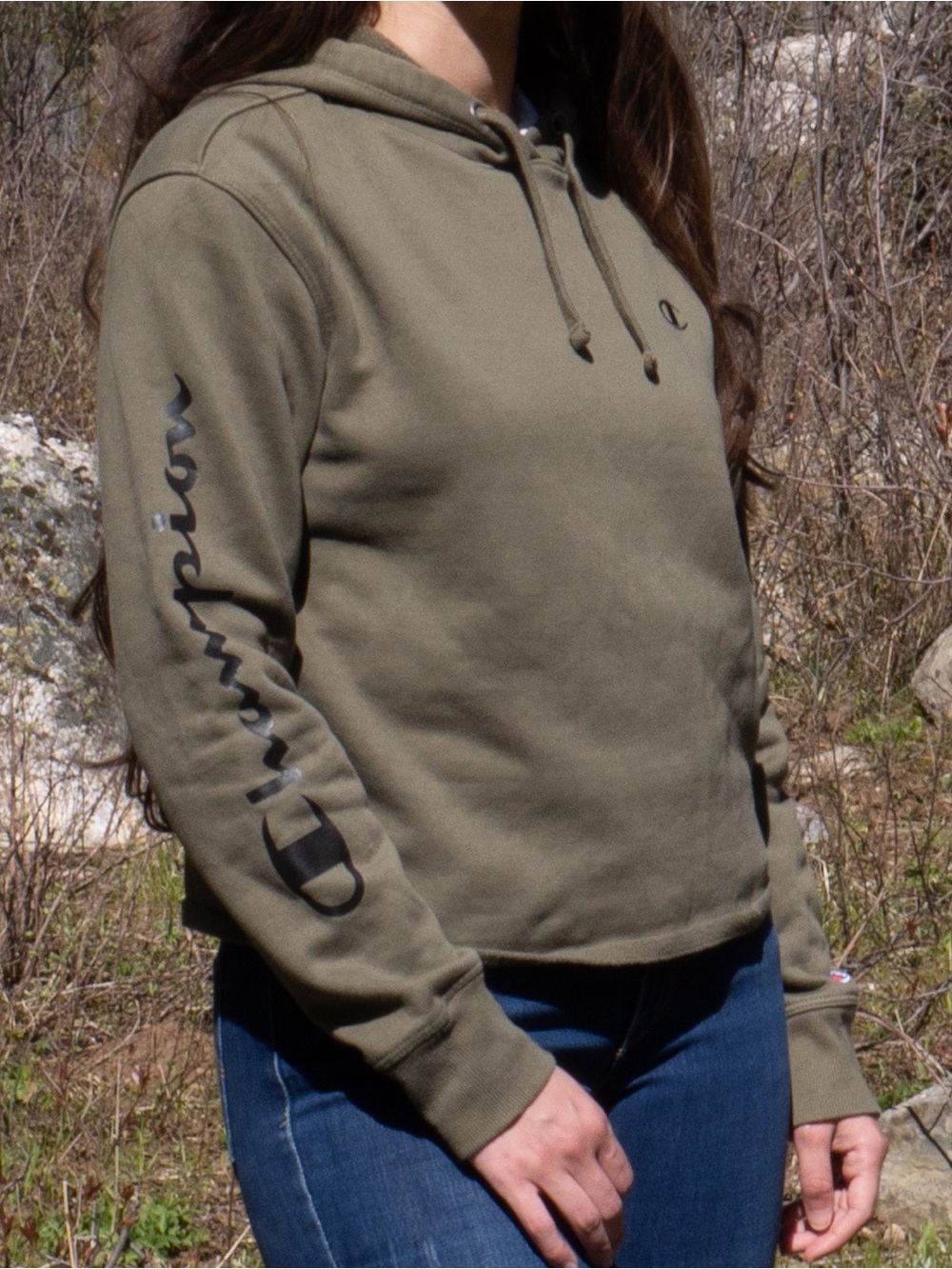 Champion Olive Hoodie with Black Sleeve Script